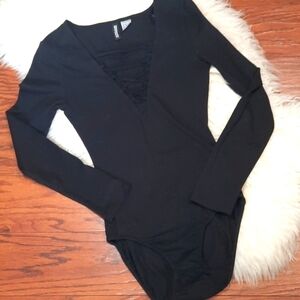 Strappy Front Vneck Longsleeve Black Bodysuit